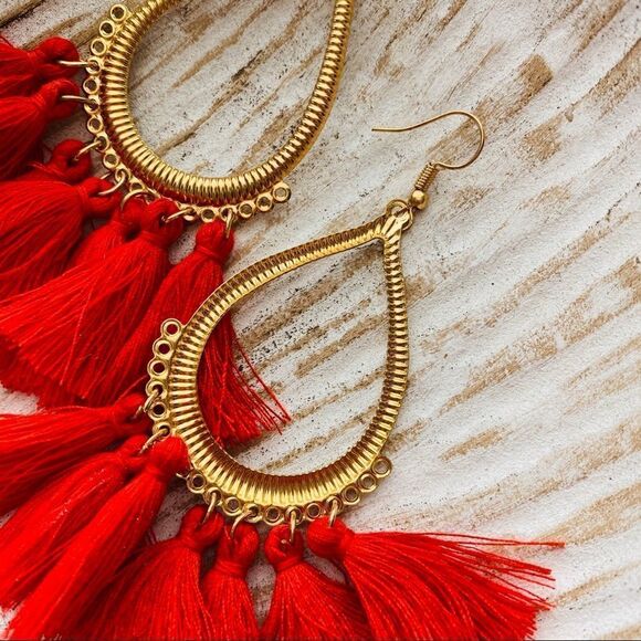 Boho Tassel Drop Hoop Earrings NWT - Picture 3 of 4